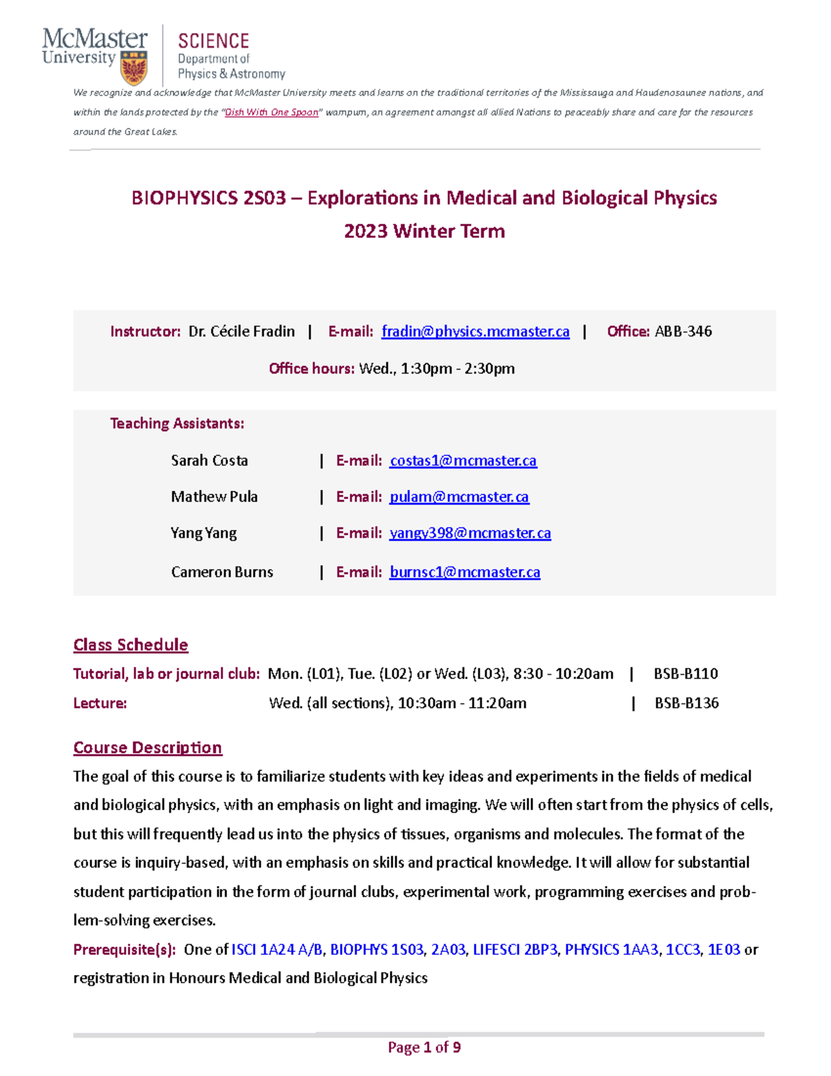 Biophys-2S03-W2023 - course outline - We recognize and acknowledge that ...