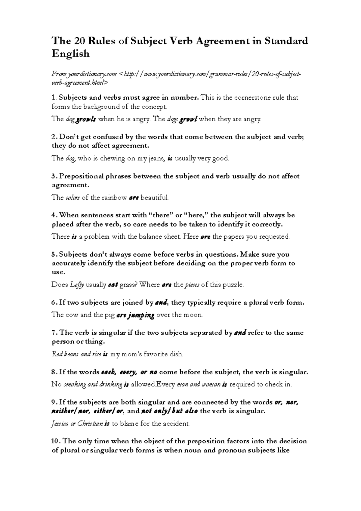 20 Rules Of Subject Verb Agreement