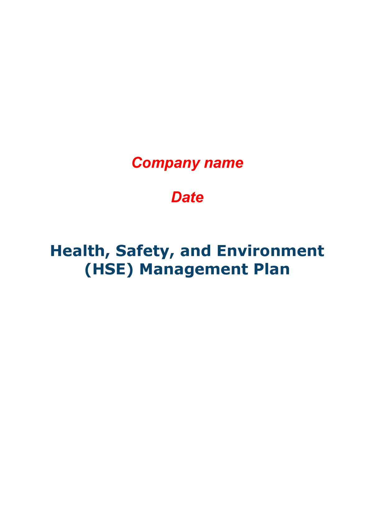 Template Contoh HSE Plan Company Name Date Health Safety And 