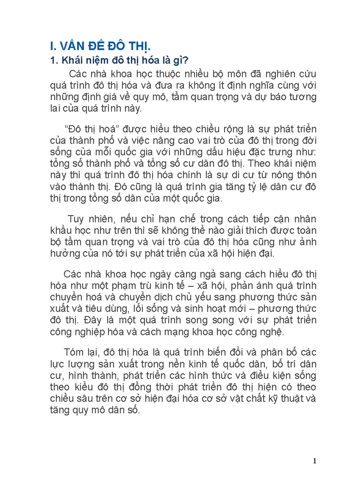 đô thị hóa - Tiểu luận môi trường phát triển bền vững - I. VẤN ĐỀ ĐÔ THỊ. Khái niệm đô thị hóa là - Studocu