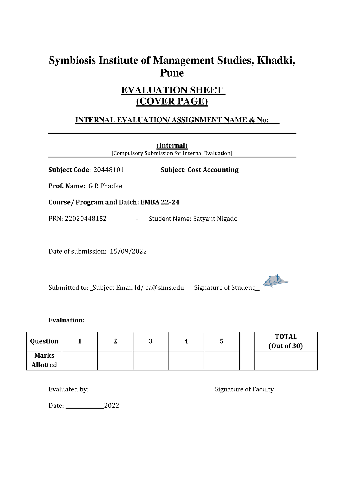 Cost Accounting Assignment Symbiosis Institute Of Management Studies 