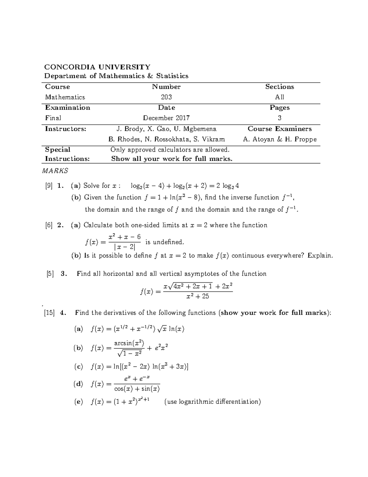 Final Exam Fall 2017 - CONCORDIA UNIVERSITY Department of Mathematics ...