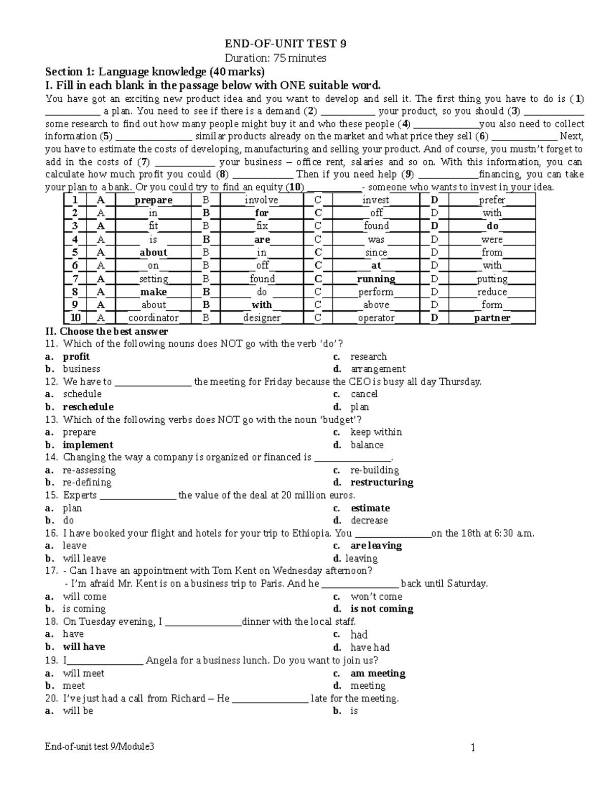 EOU UNIT 9 - THE KEY - END-OF-UNIT TEST 9 Duration: 75 minutes Section ...