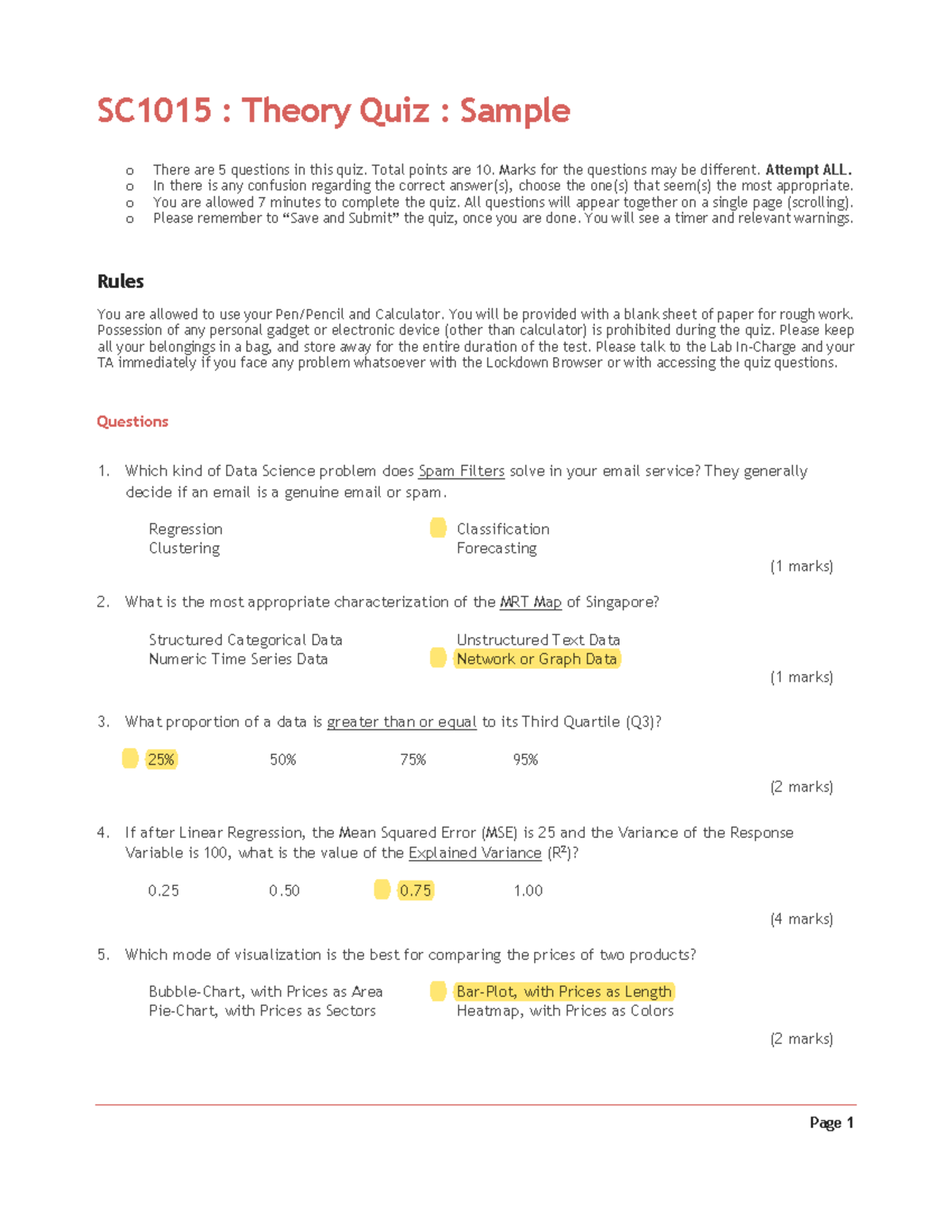 Theory Quiz Sample - Practice question for data science - Page 1 SC1015 ...