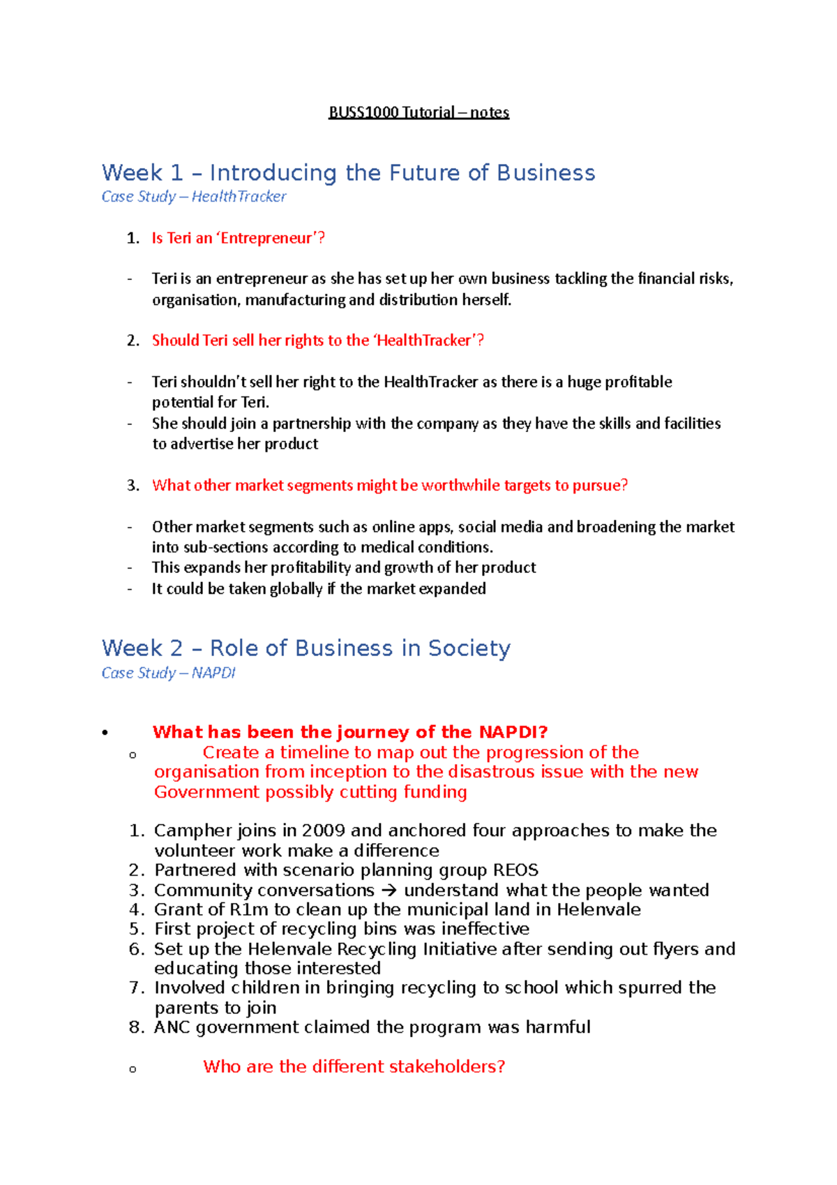 Tutorial - Notes - BUSS1000 Tutorial – Notes Week 1 – Introducing The ...