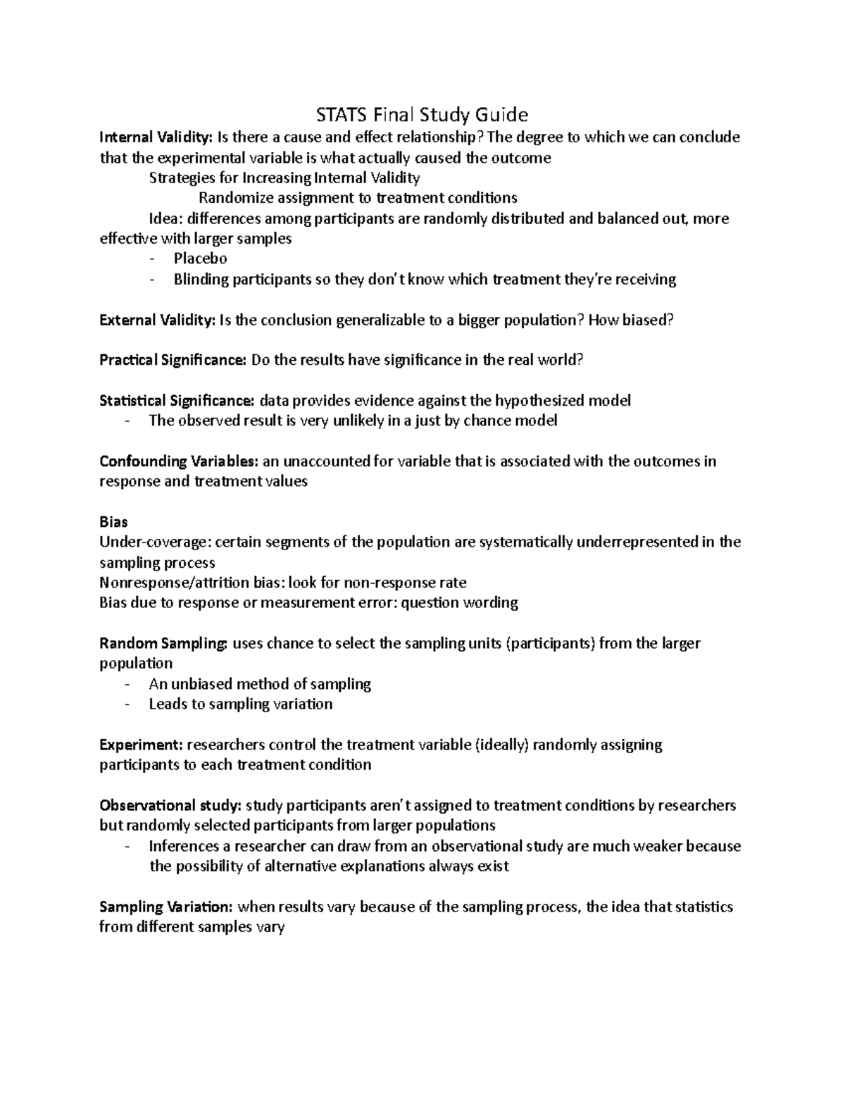 Stats Final Study Guide - STATS Final Study Guide Internal Validity: Is ...