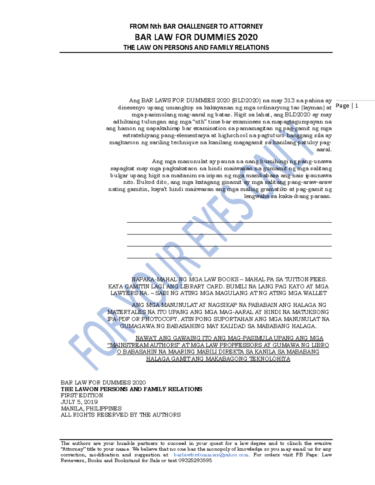 BLD2020 Family BAR LAW FOR DUMMIES 2020 THE LAW ON PERSONS AND FAMILY