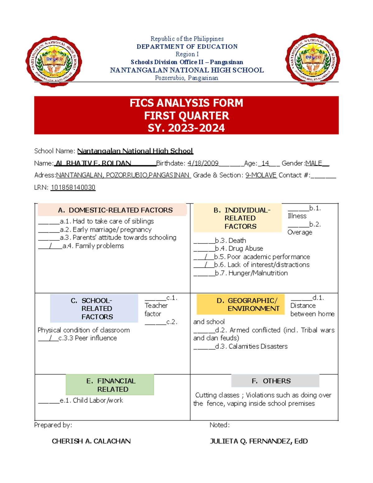 Ilide - FICS Tool - Republic Of The Philippines DEPARTMENT OF EDUCATION ...