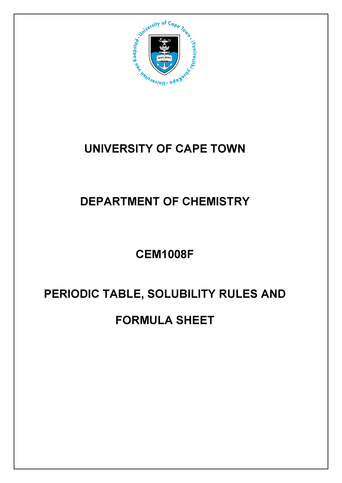 Cem1008f Periodic Table Solubility Rules And Formula Sheet Studocu