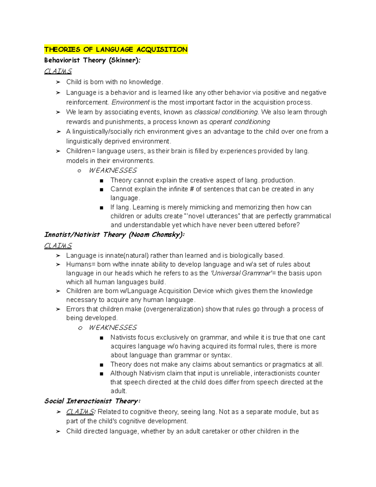 ENG 312 Notes for Midterm (SPRING 2019) - THEORIES OF LANGUAGE ...