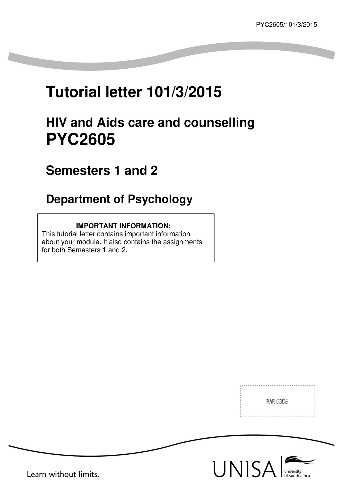 PYC 2605 - Notes - PYC2605/101/3/ Tutorial Letter 101/3/ HIV And Aids ...