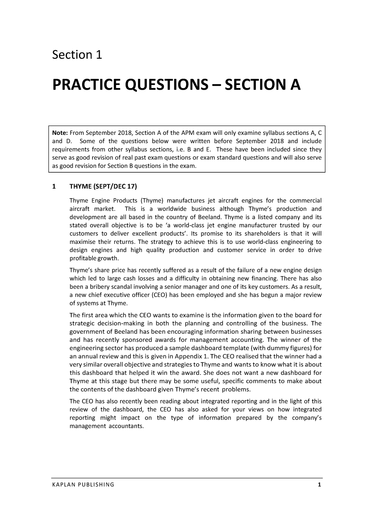 ACCA P5 Questions Section A Section 1 PRACTICE QUESTIONS