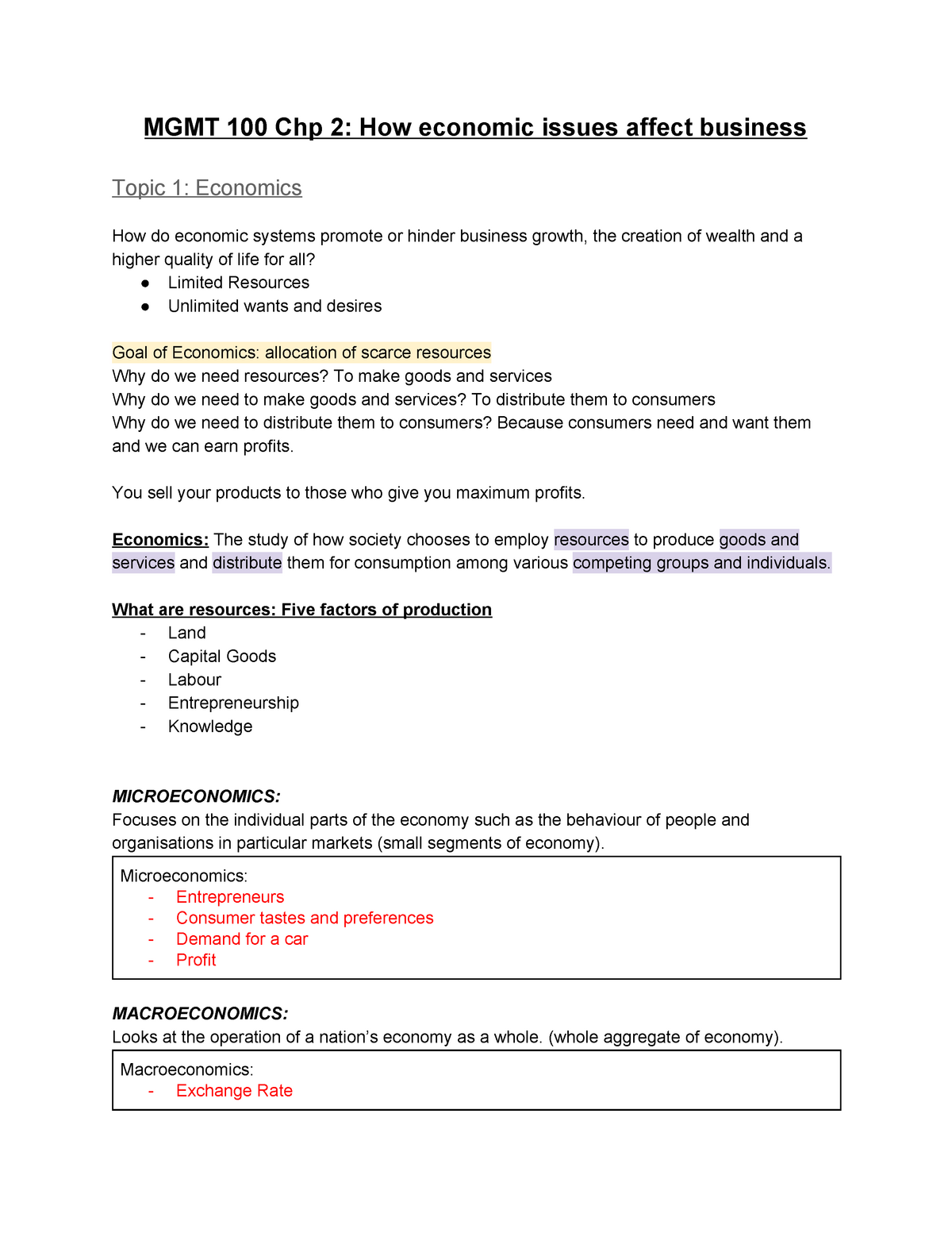 MGMT 100 Chapter 2 Notes - MGMT 100 Chp 2: How Economic Issues Affect ...