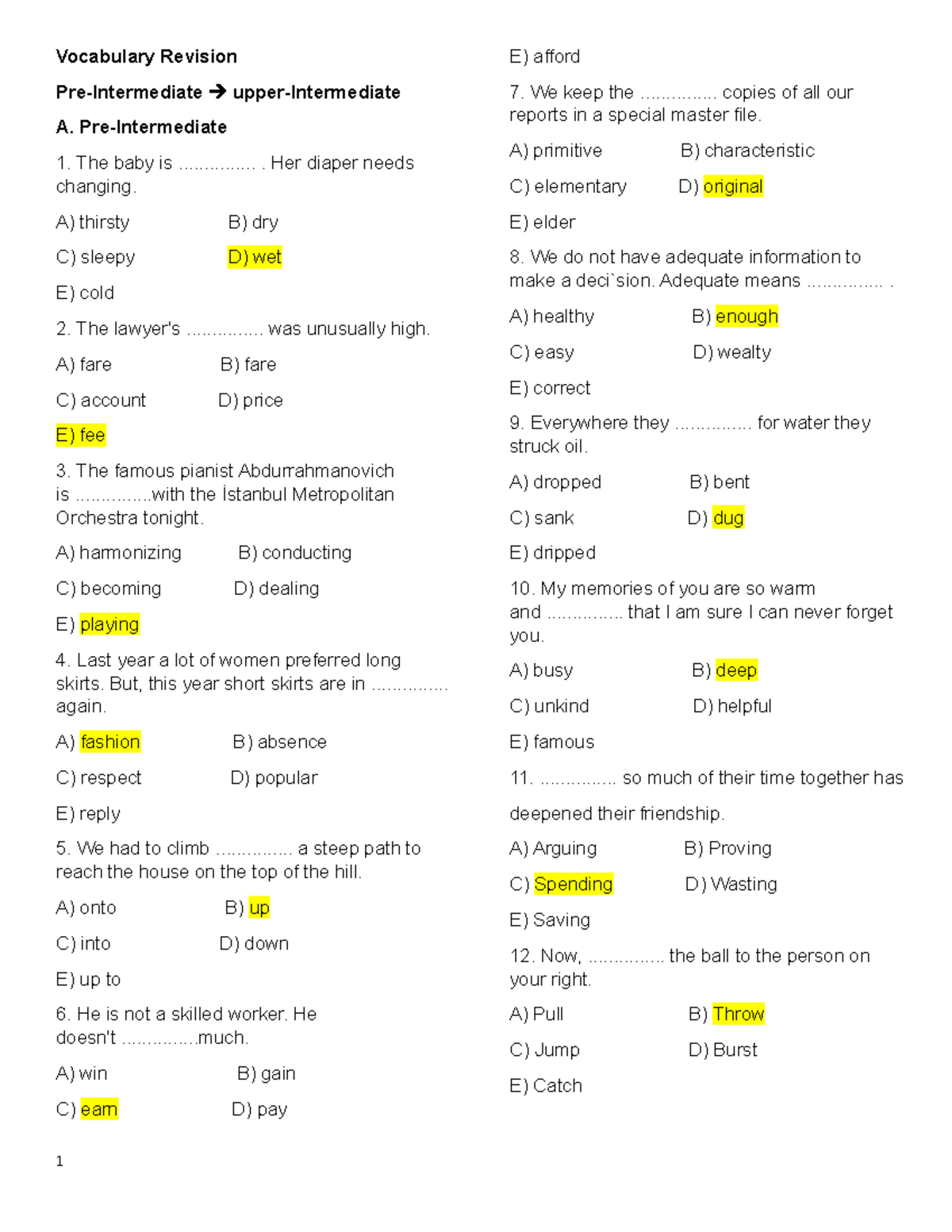 Vocabulary Revision Svu Vocabulary Revision Pre Intermediate Upper