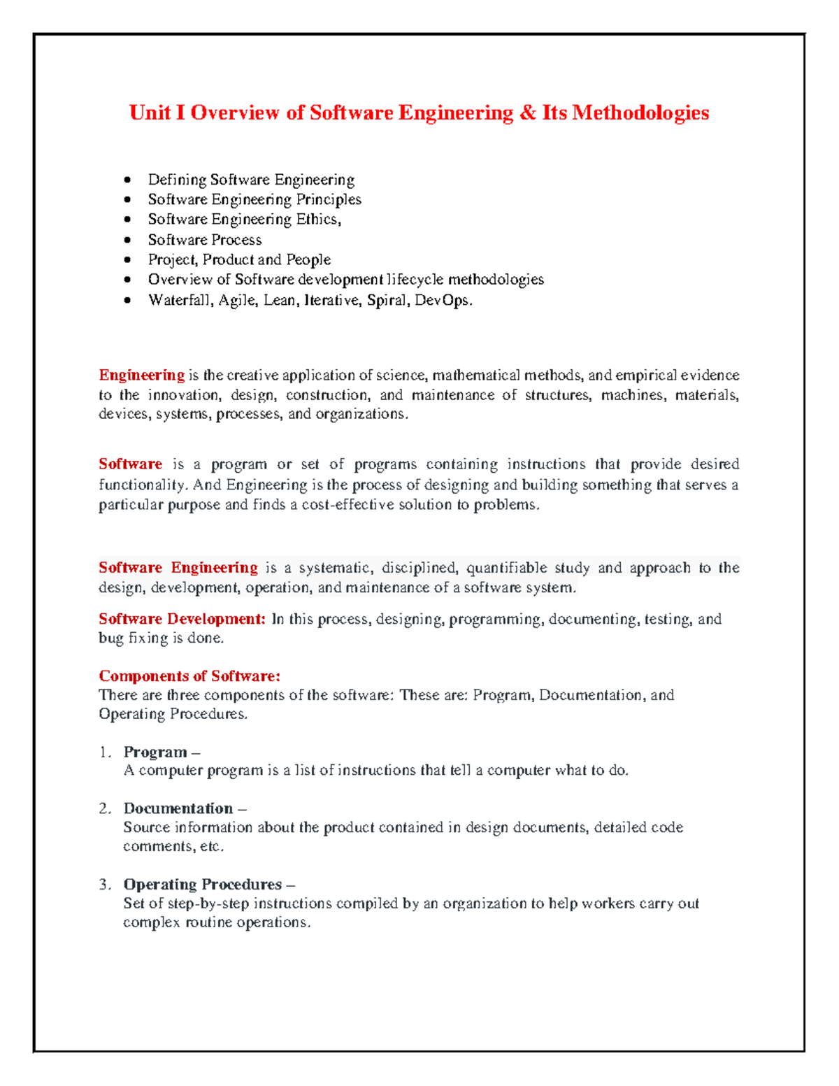 Unit 1 Notes - Unit I Overview of Software Engineering & Its ...