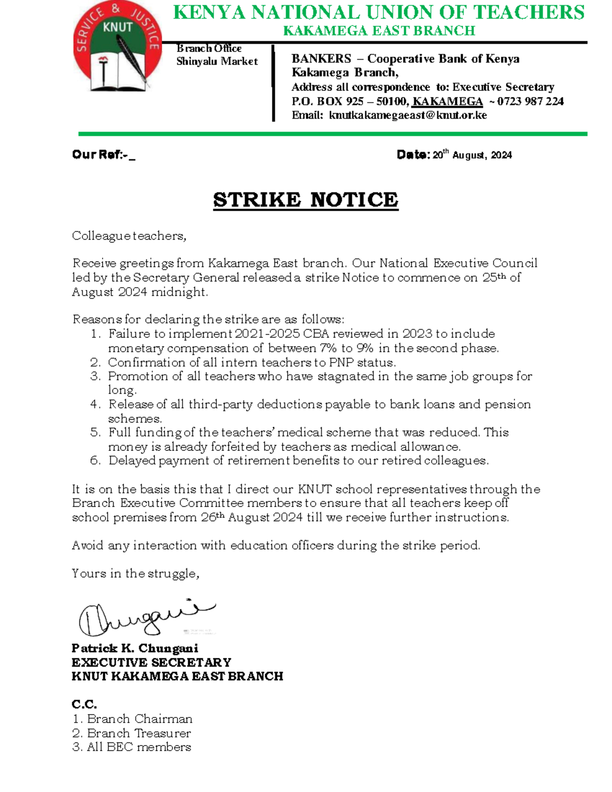 Strike Notice - I like education - Our Ref:- _ Date: 20 th August, 2024 ...