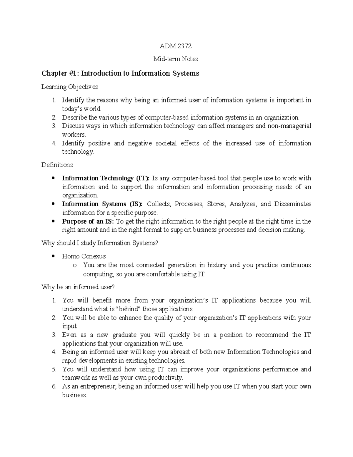 ADM 2372 Final Notes - ADM 2372 Mid-term Notes Chapter #1: Introduction ...