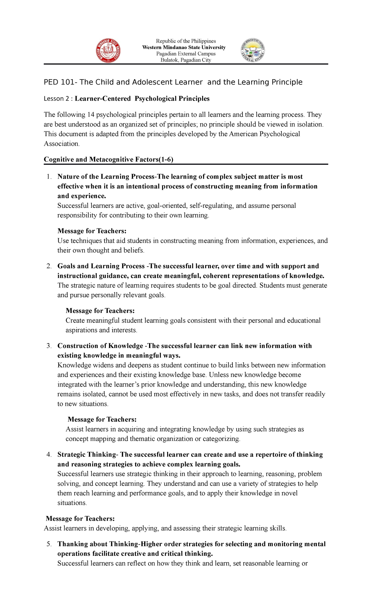 PED 101 Lesson 2 - Republic of the Philippines Western Mindanao State ...