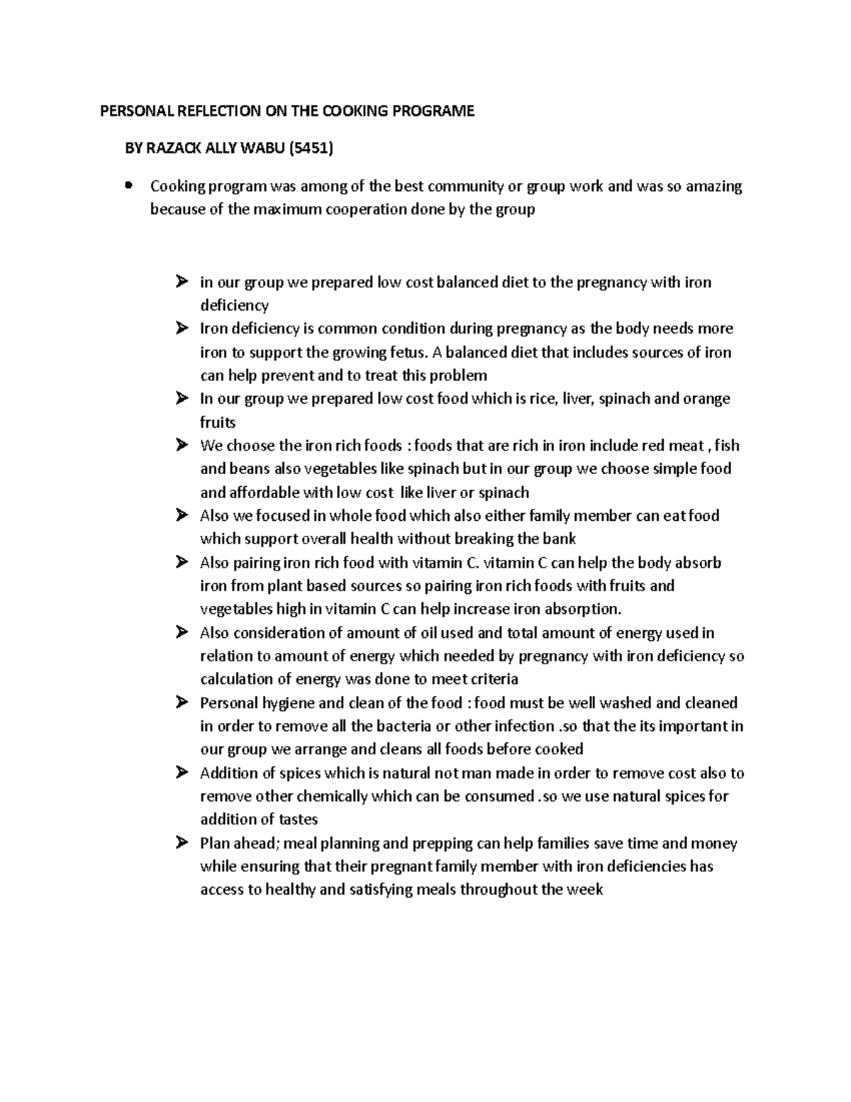 Personal Reflection ON THE Cooking Programe PERSONAL REFLECTION ON