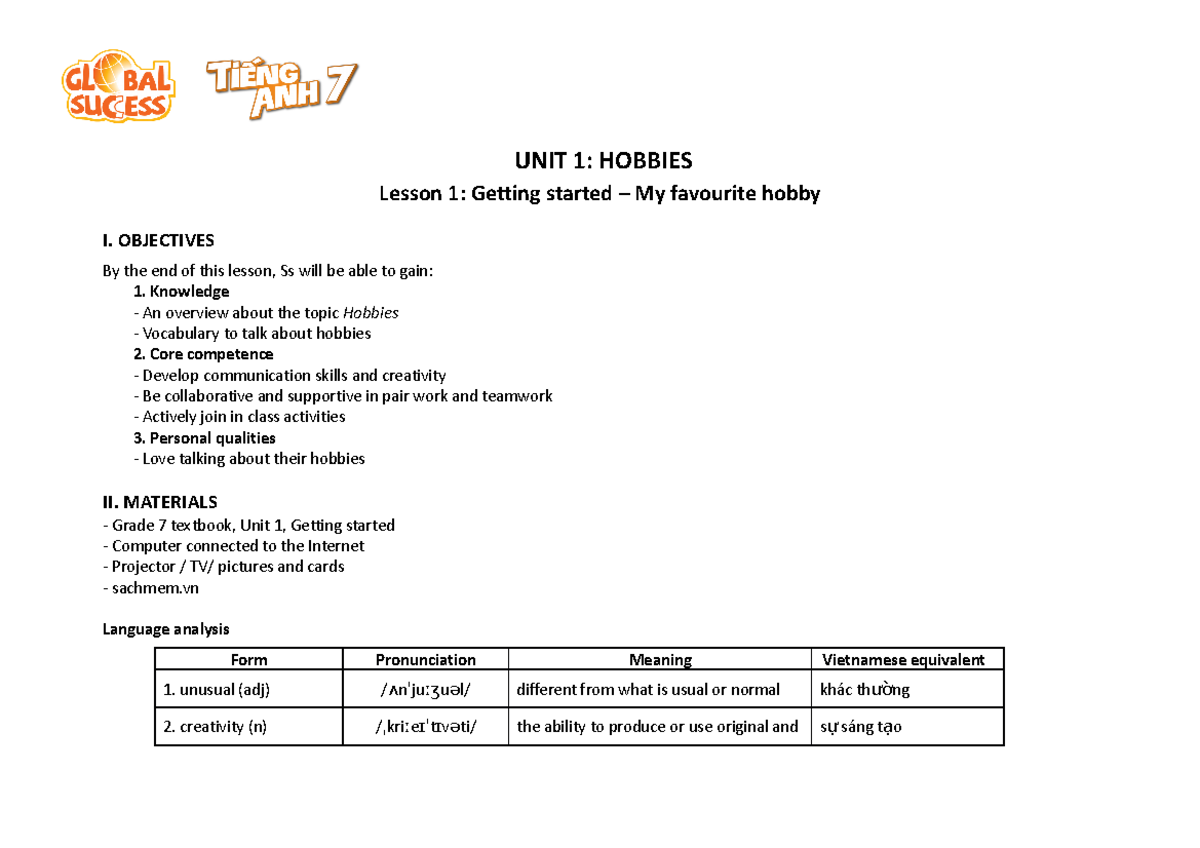 TA7-Unit 1 - Syllabus design - UNIT 1: HOBBIES Lesson 1: Getting ...