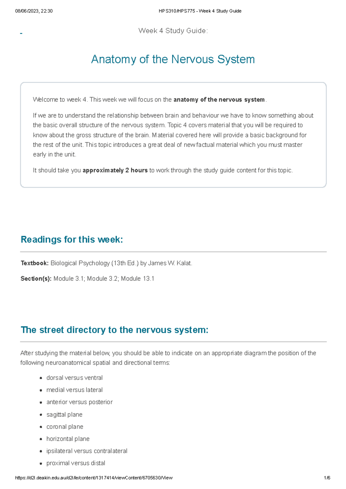 Week 4 - Study Guide - HPS310 - Biological Psychology (Brain And ...