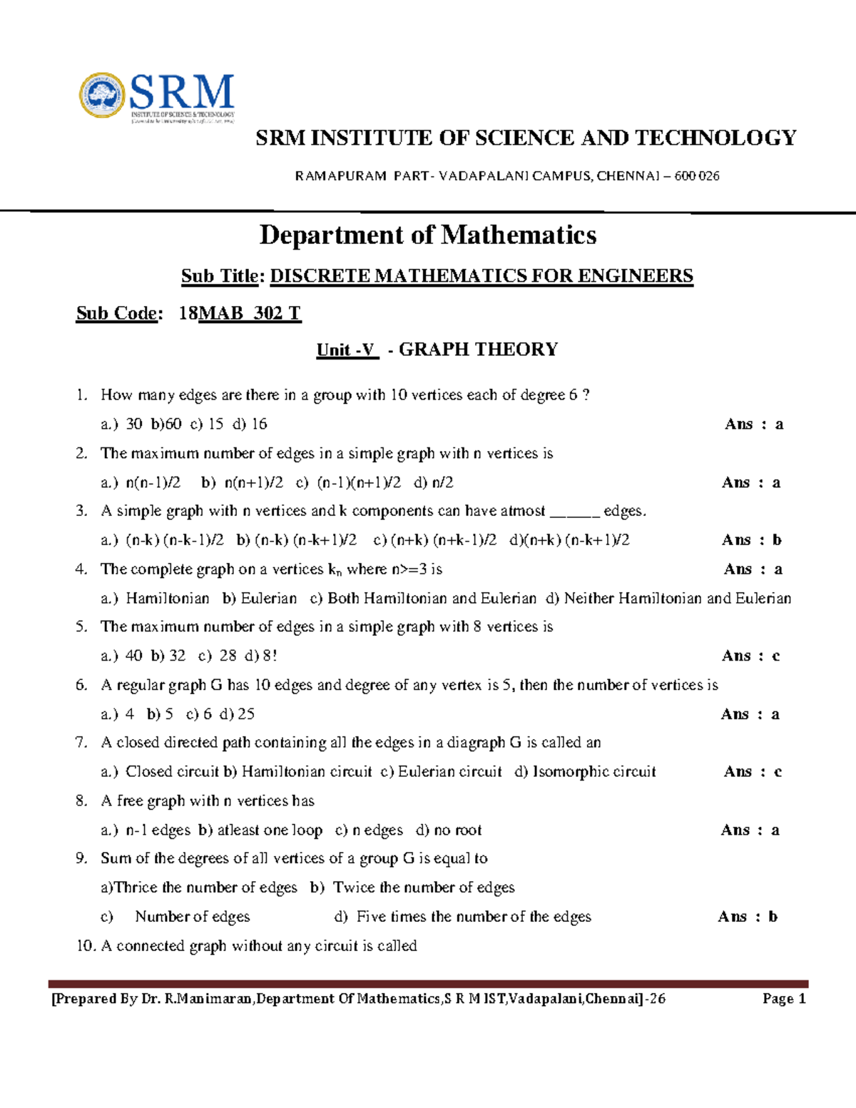 18MAB 302 T-Unit-5 QB - Question bank - SRM INSTITUTE OF SCIENCE AND ...