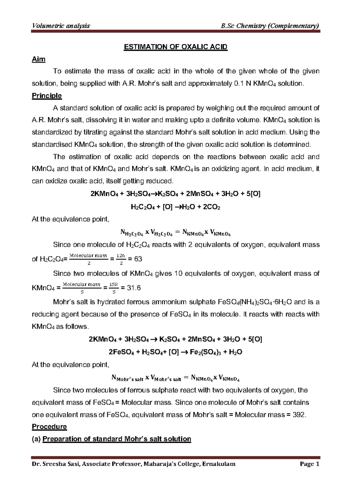 8. Estimation of oxalic acid - Volumetric analysis B Chemistry ...