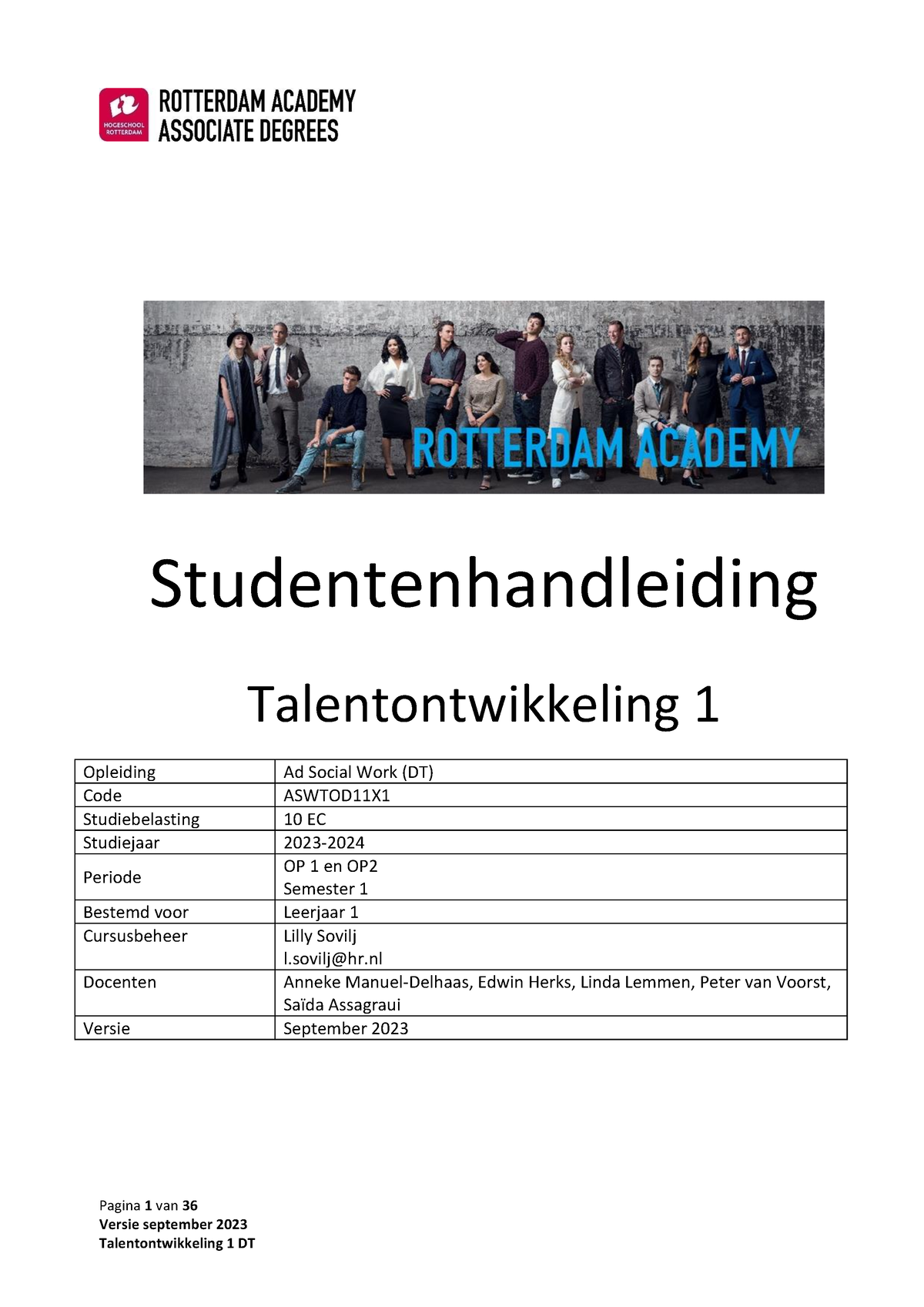 Studiehandleiding Talentontwikkeling 1, Social Work Deeltijd, September ...