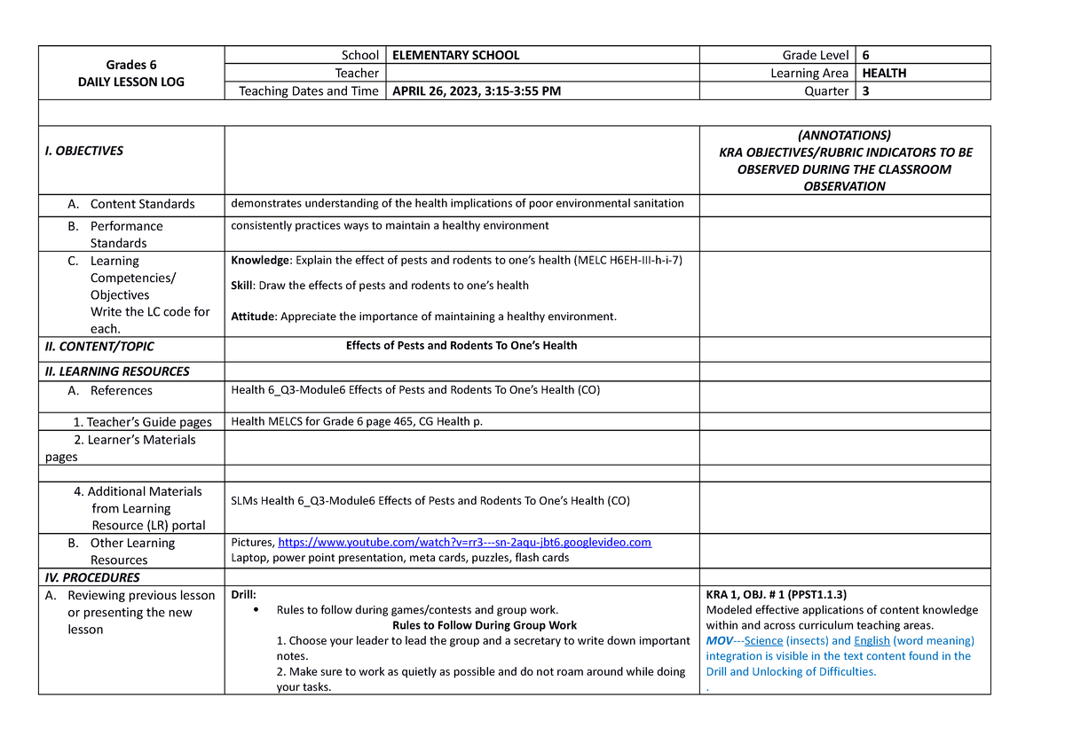 COT-1 DLP 2022-2023 - a lesson plan - Grades 6 DAILY LESSON LOG School ...