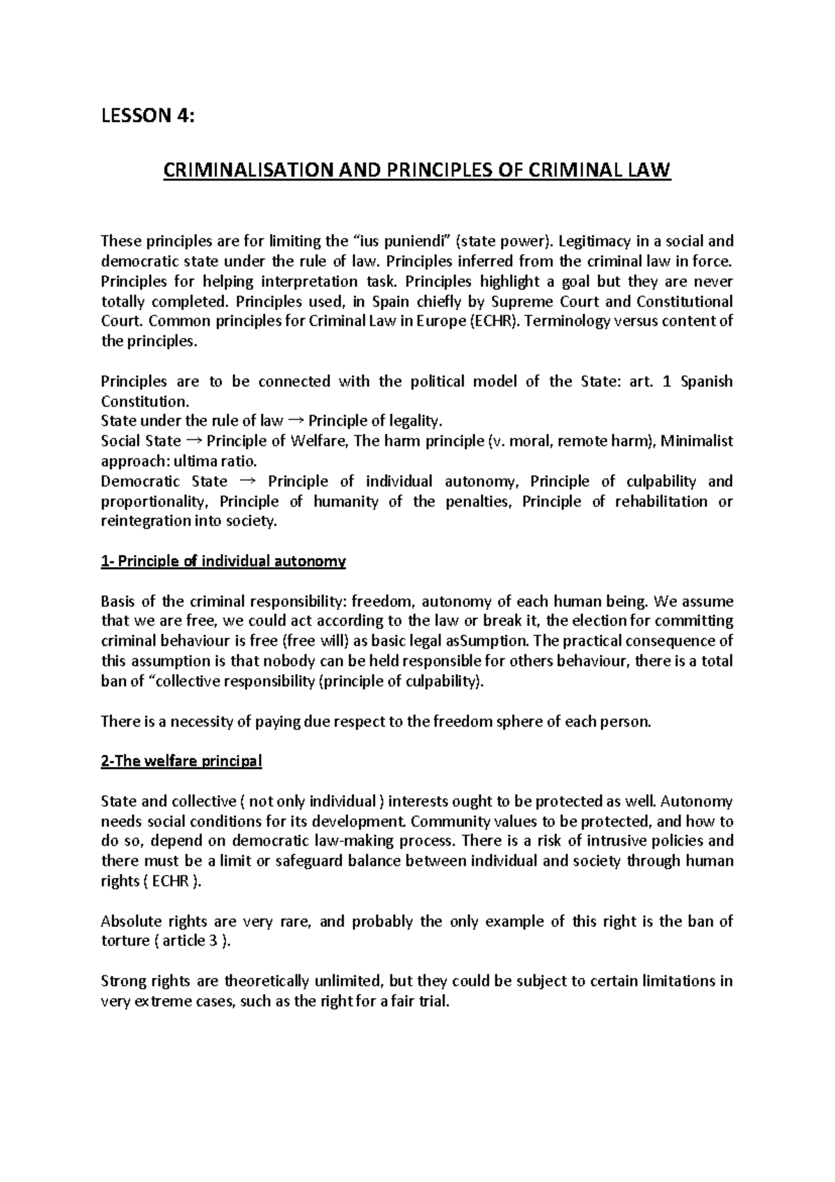 Lesson 4 - Lecture notes 4 - LESSON 4: CRIMINALISATION AND PRINCIPLES ...