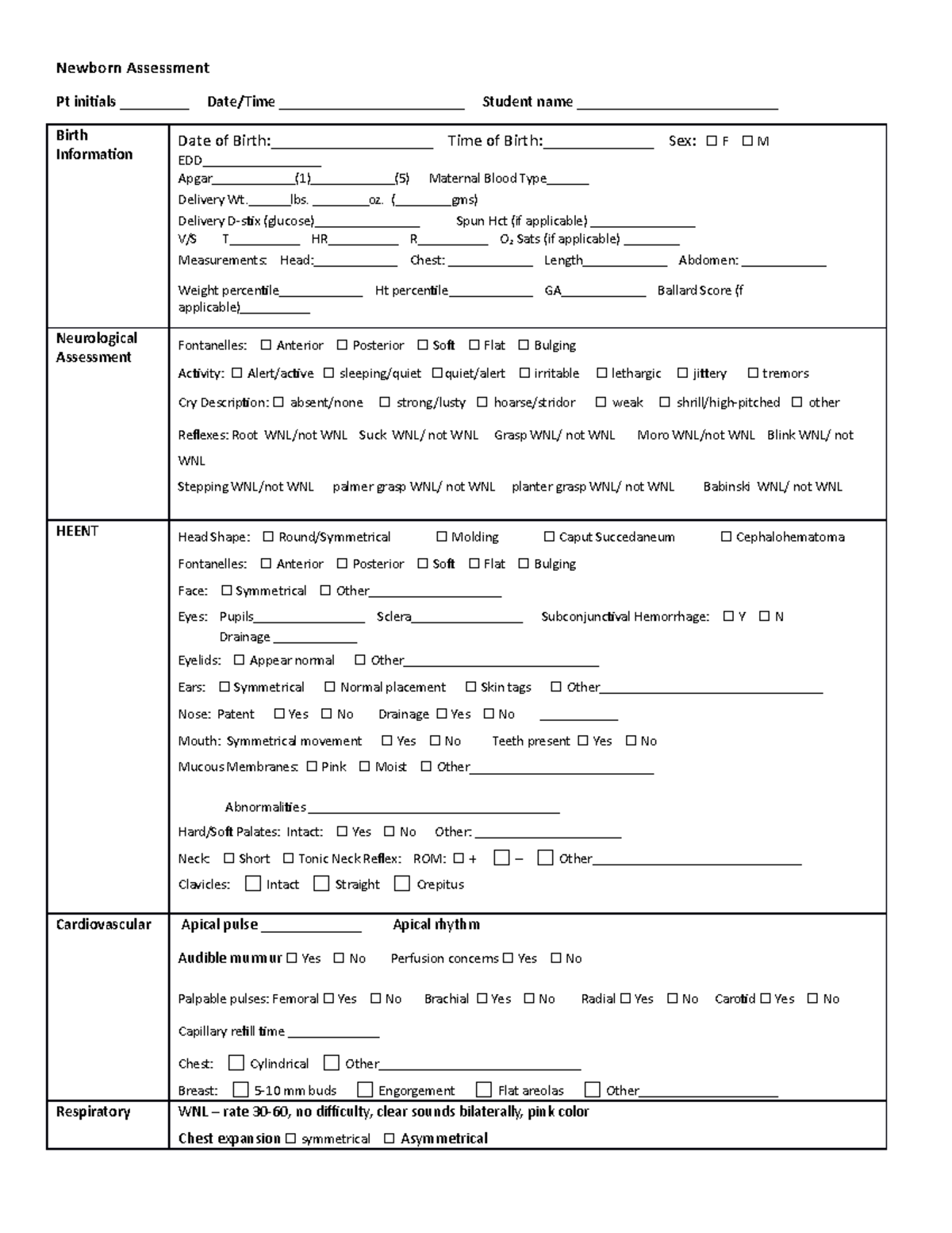 Newborn Assessment - Notes - Newborn Assessment Pt initials ...