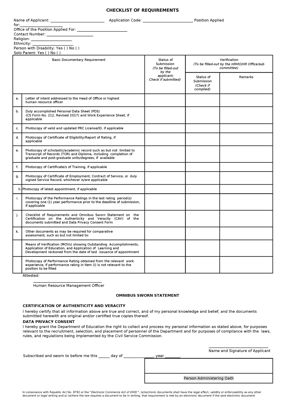 Checklist of Requirements and Omnibus Sworn Statement - CHECKLIST OF ...