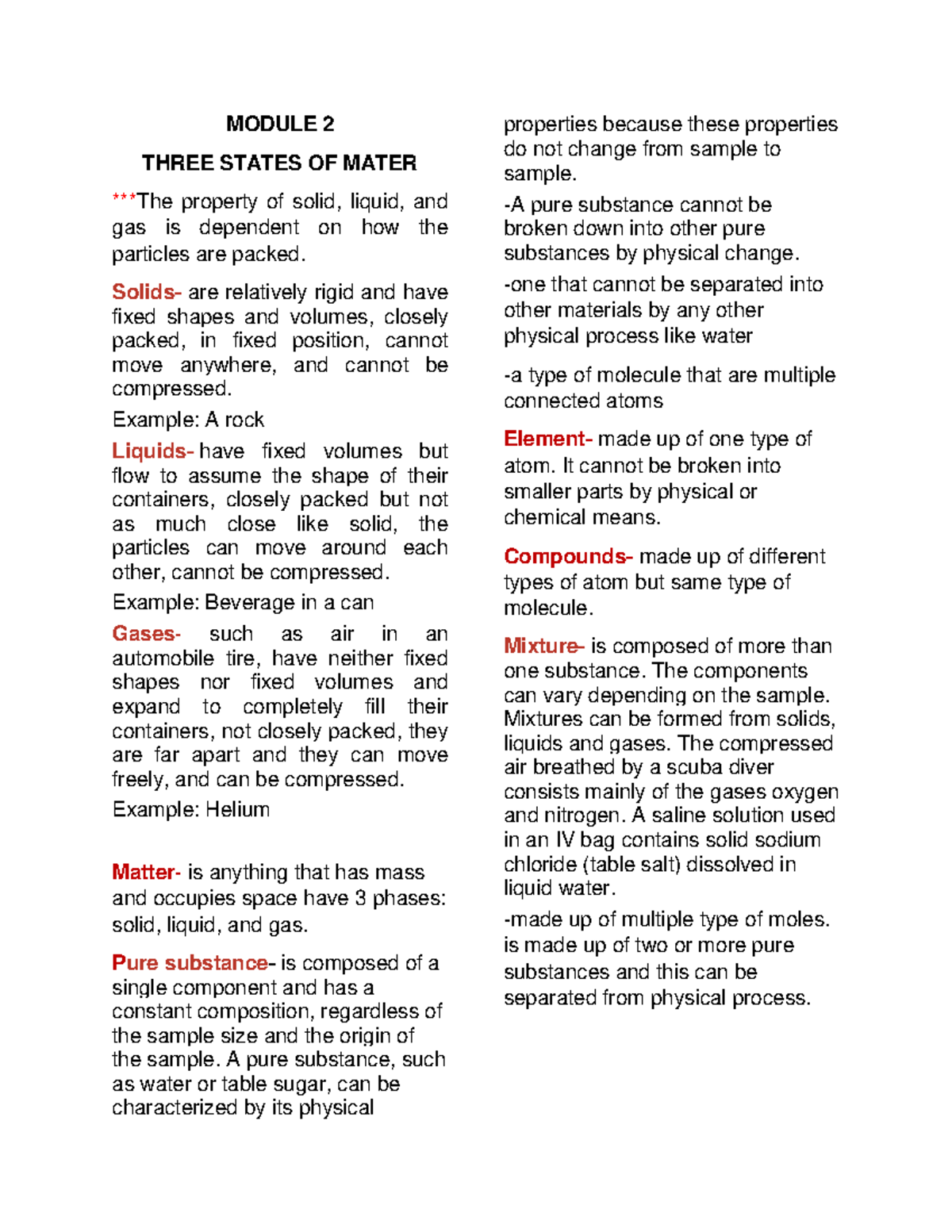 Matter reviever - Module 3 - MODULE 2 THREE STATES OF MATER ***The ...