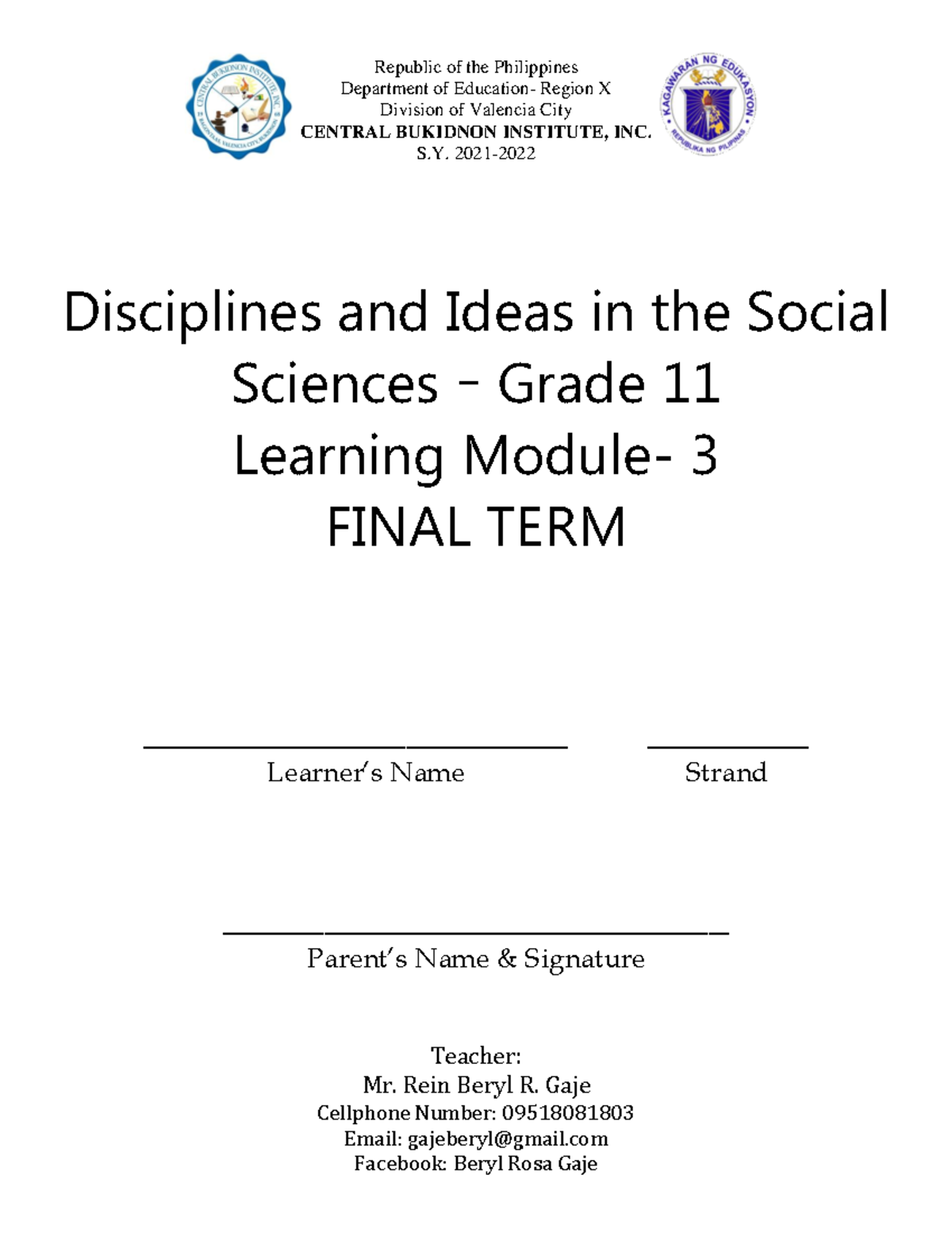 DISS11-F1M3 - DISS11-F1M3 - Republic of the Philippines Department of ...