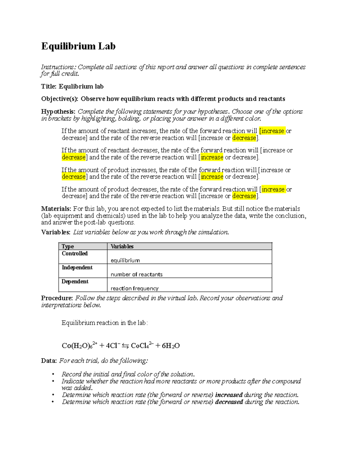 Lab report 7worksheet Equilibrium Lab Instructions Complete all