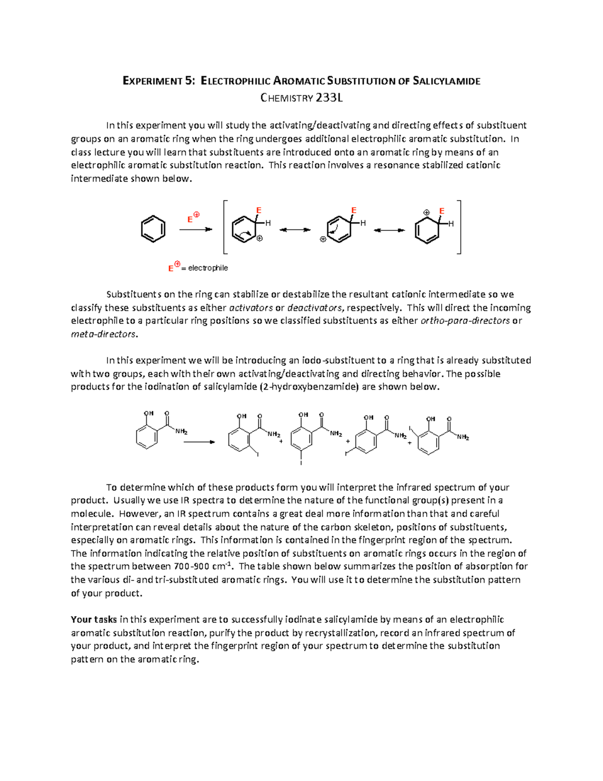 Experiment Handout Experiment Electrophilic Aromatic Substitution Of Salicylamide