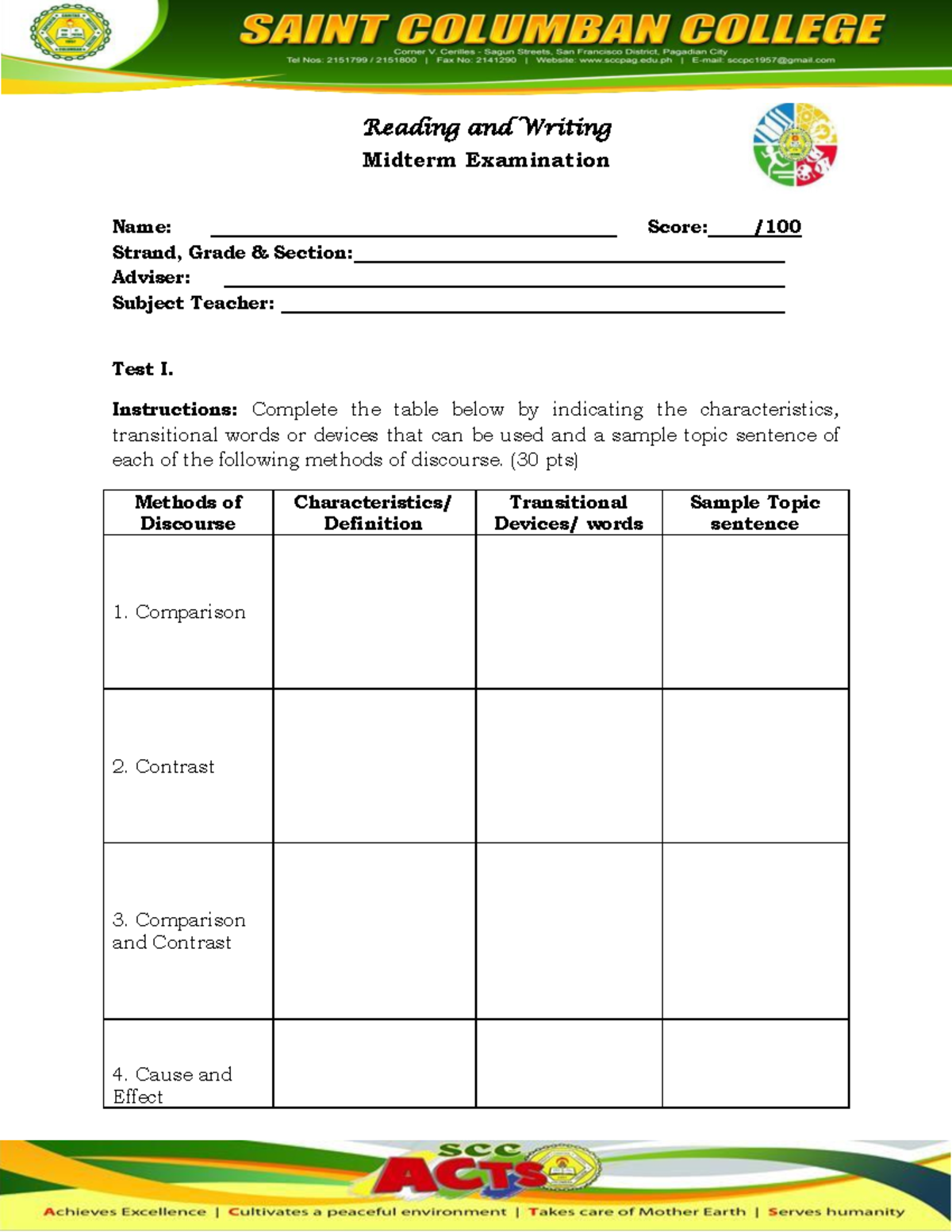 Eng. 11 (Reading and Writing) Midterm Exam PDF Reading and Writing