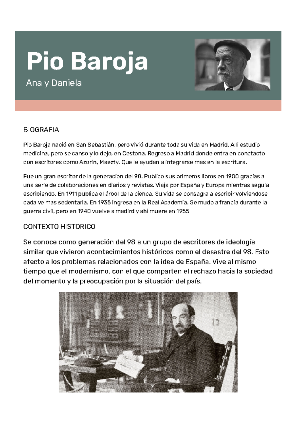 Pio Baroja ESP-A - Pio Baroja Ana y Daniela BIOGRAFIA Pio Baroja nació ...