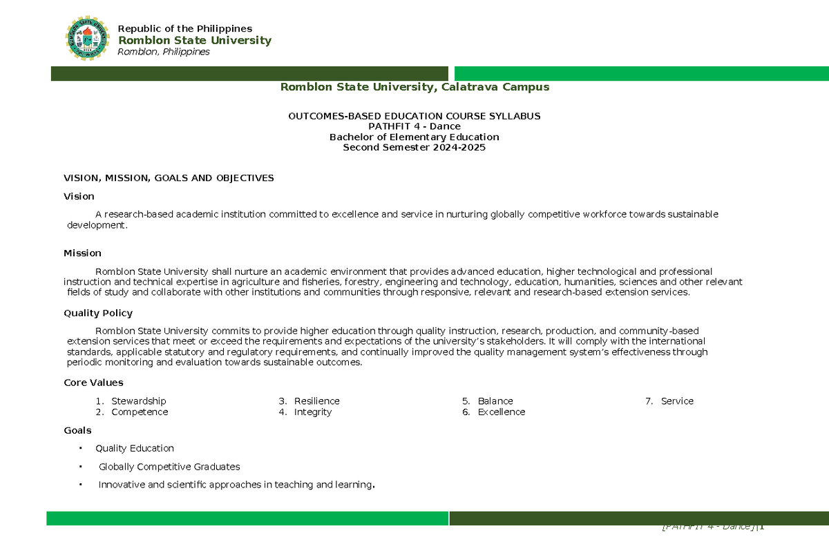 Pathfit 4 - syllabus - OUTCOMES-BASED EDUCATION COURSE SYLLABUS PATHFIT ...