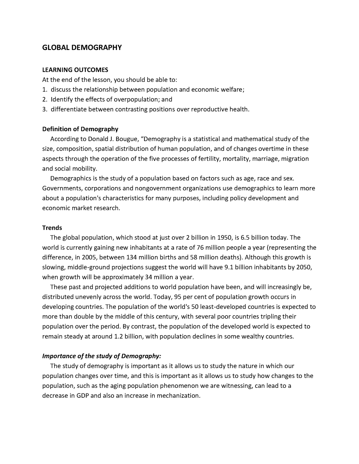 essay about global demography