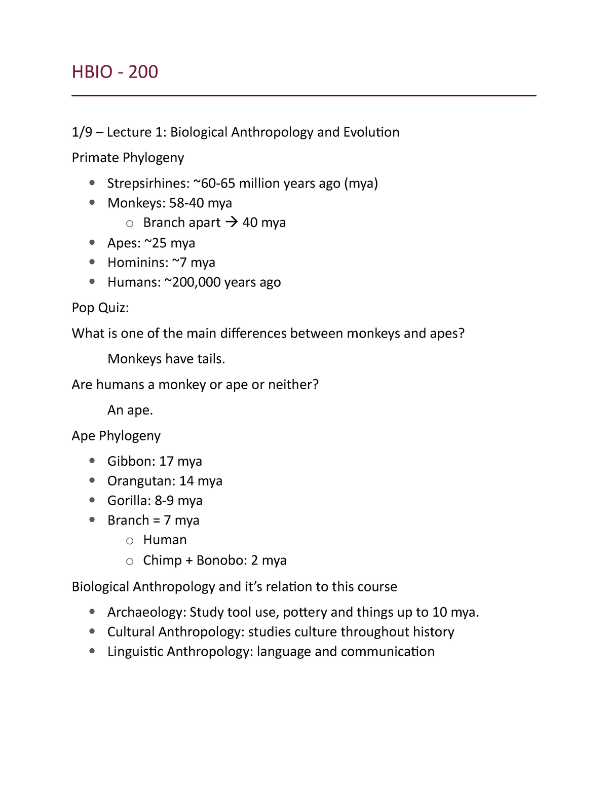 Hbio 200 Class Notes Hbio 200 19 Lecture 1 Biological Anthropology And Evolution 