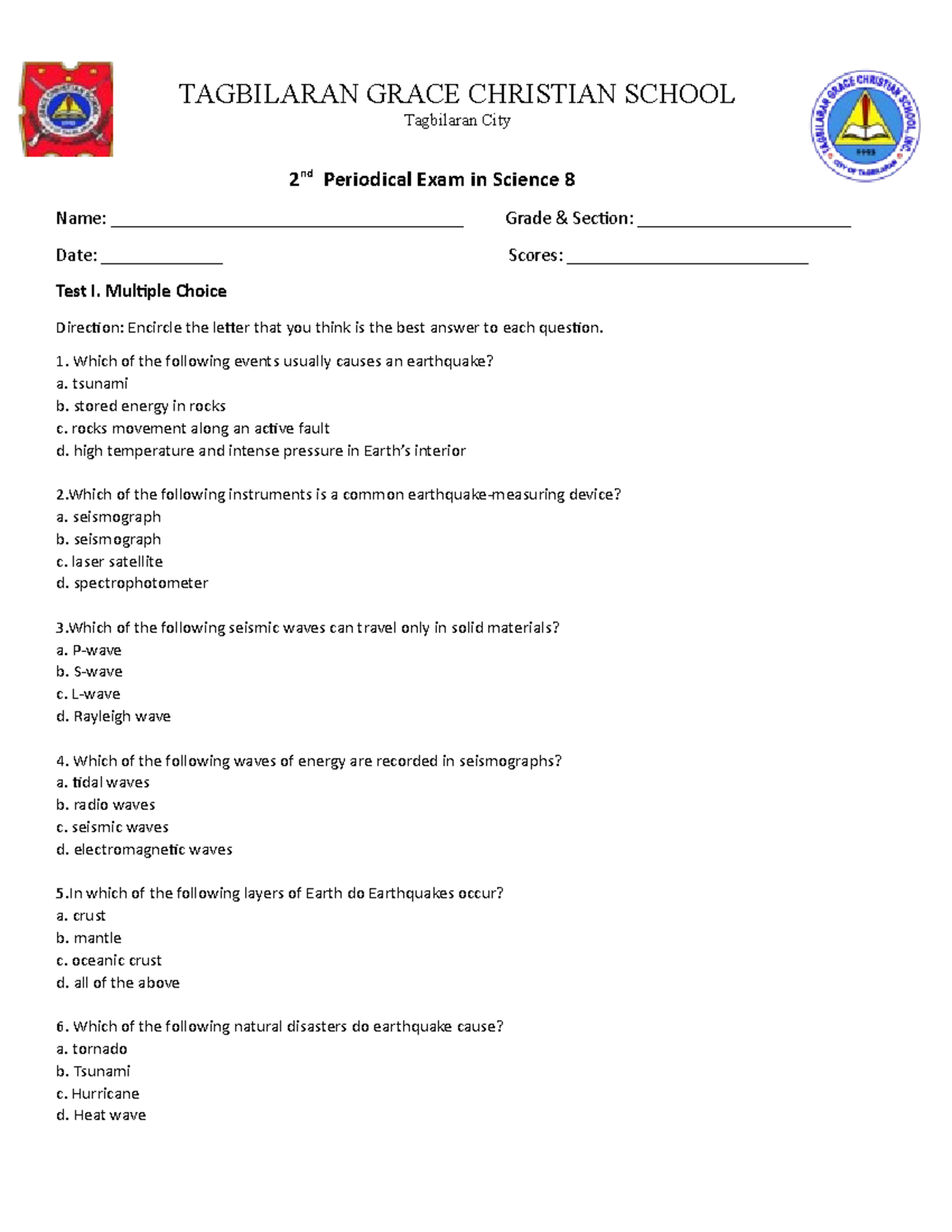 Science 8 2nd periodical TAGBILARAN GRACE CHRISTIAN SCHOOL Tagbilaran
