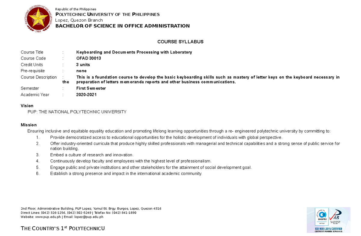 Syllabus OFAD 30013 Keyboarding And Documents Processing With Lab