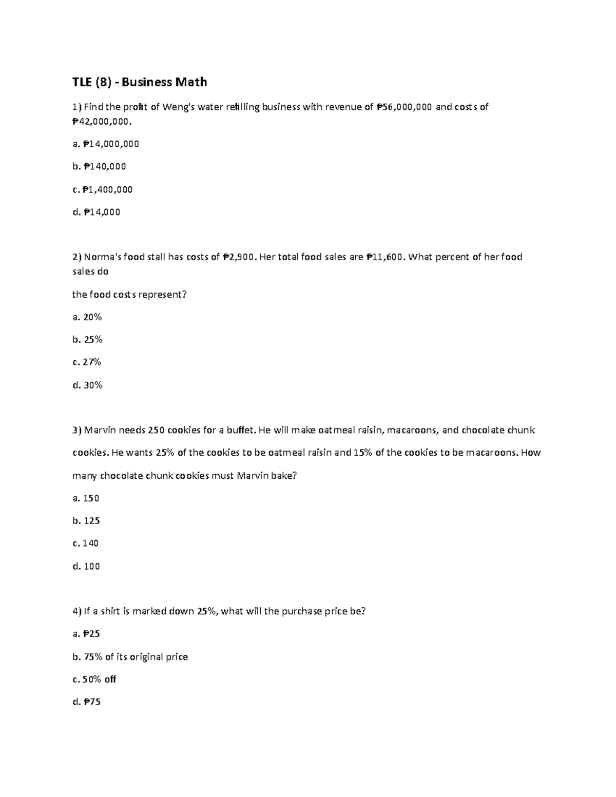 TLE (business math drill) - TLE (8) - Business Math Find the proft of ...