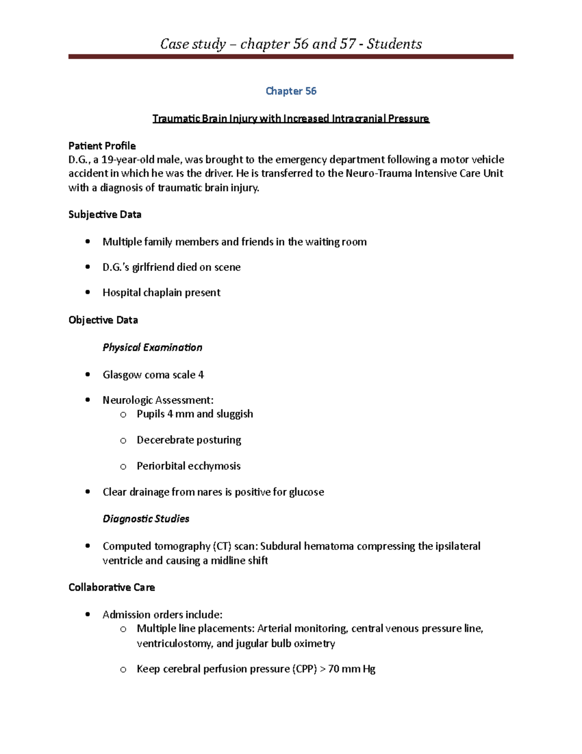 Chapter 56 and 57 case studies - Chapter 56 Traumatic Brain Injury with ...