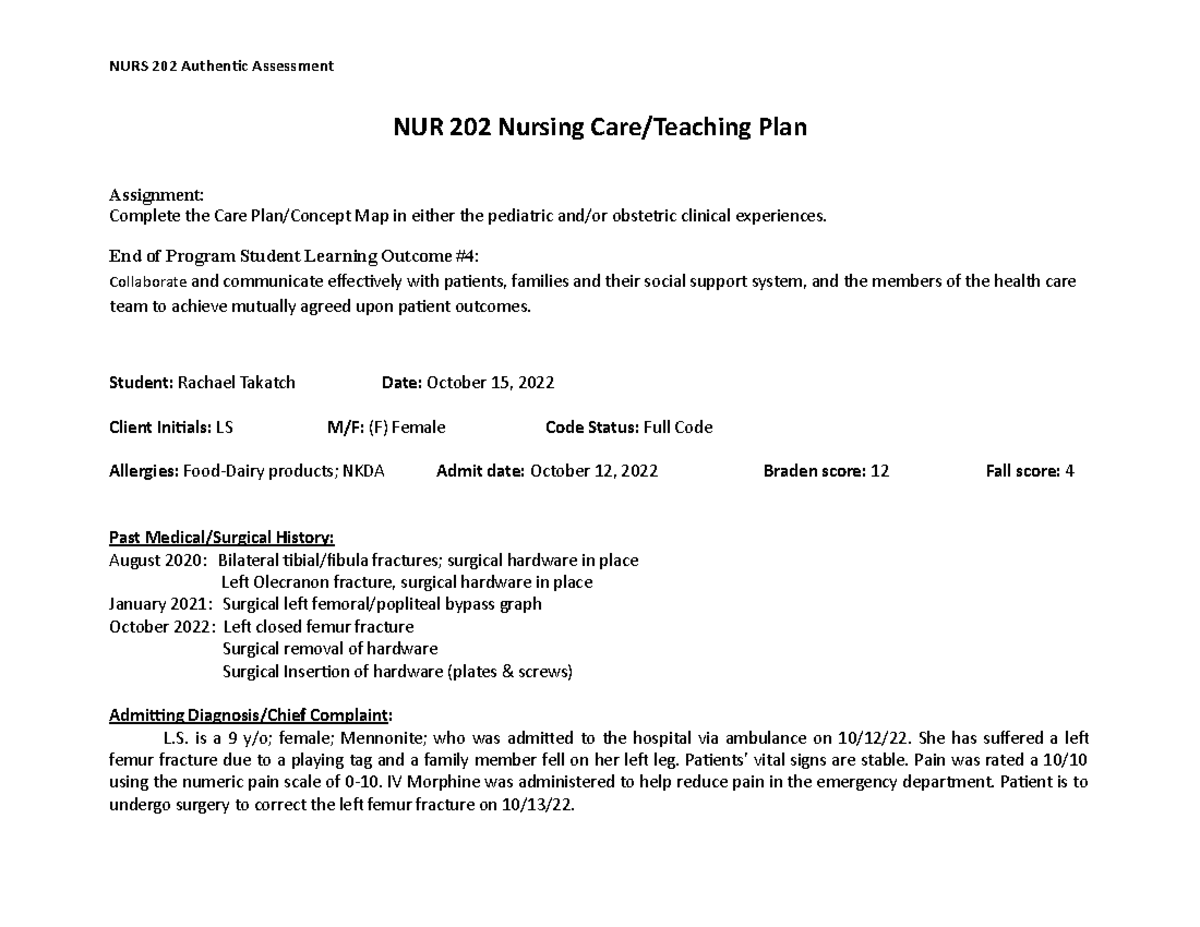 Pediatric Care Plan 1 NUR 202 Nursing Care Teaching Plan Assignment   Thumb 1200 927 