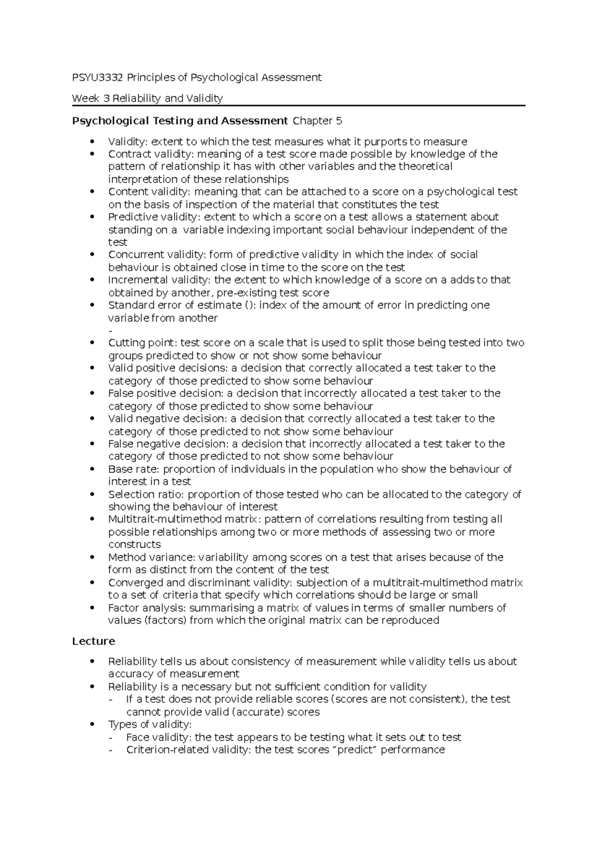 Week 3 Reliability and Validity - PSYU3332 Principles of Psychological ...