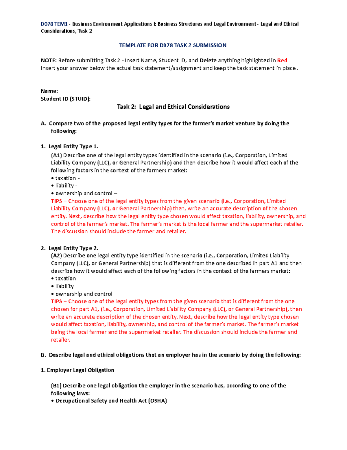 D078 Task 2 Template - UPDATE - D078 TEM1 - Business Environment ...
