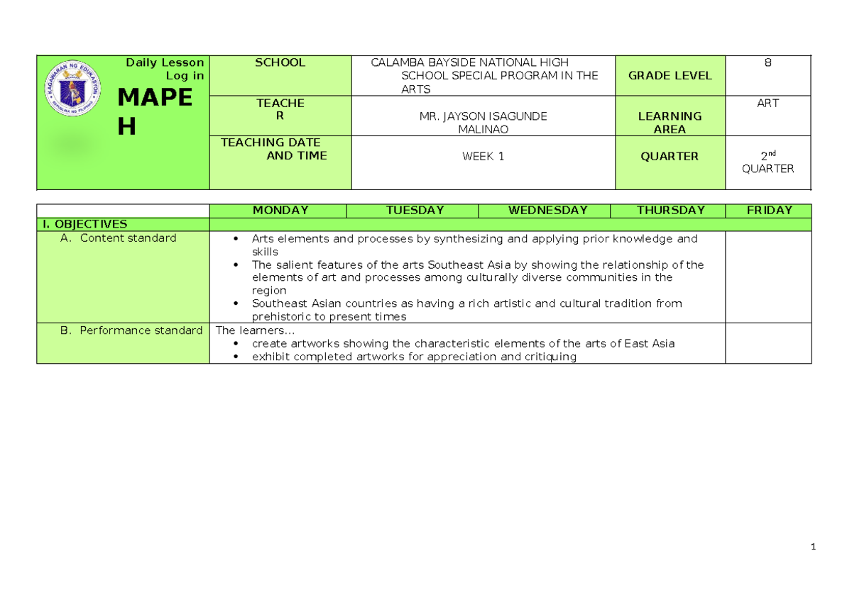 Q2 Grade 8 Arts DLL Week 1 - Daily Lesson Log in MAPE H SCHOOL CALAMBA ...