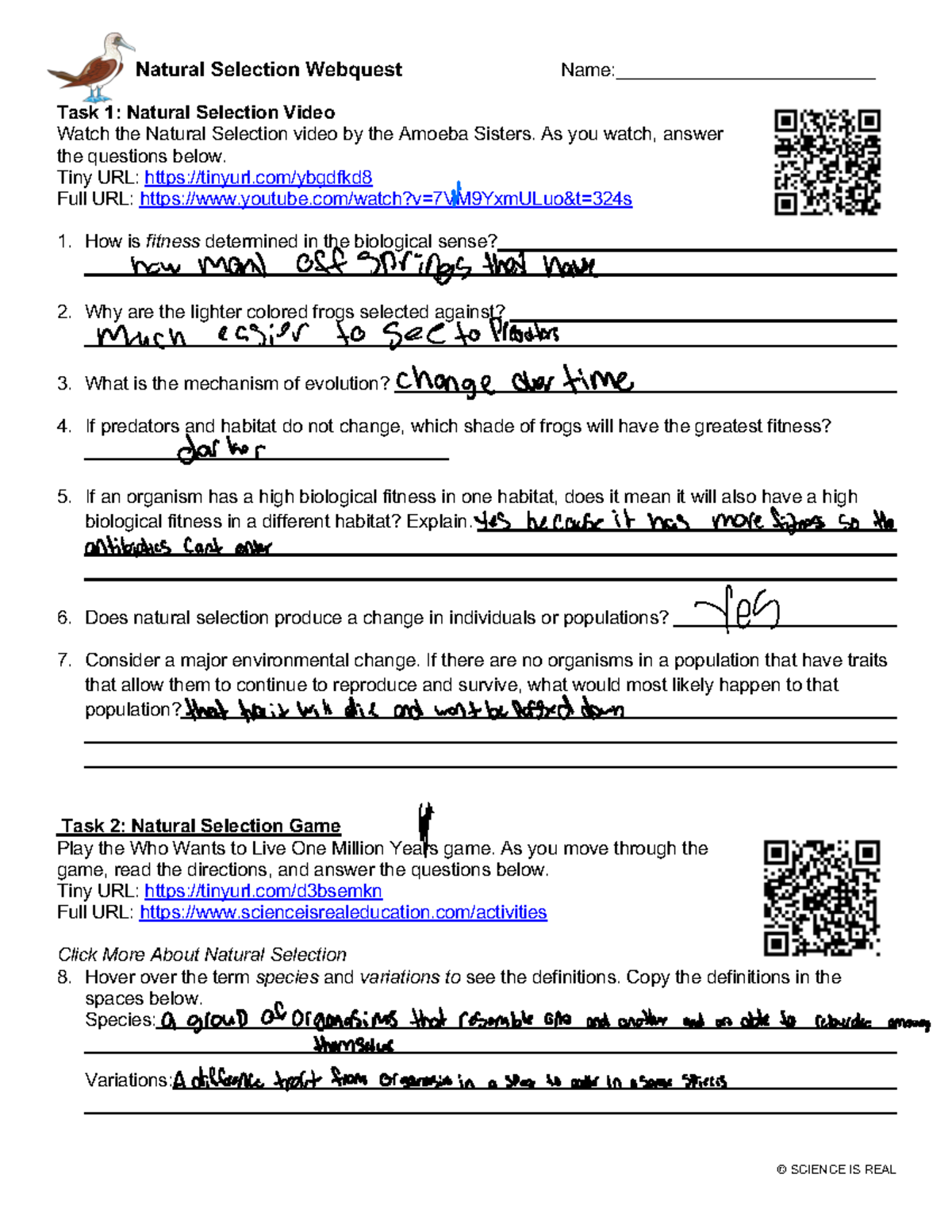 Natural Selection Webquest As You Watch Answer The Questions Below